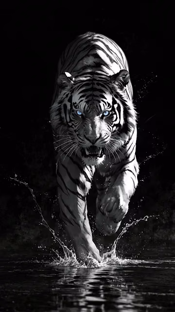 White Tiger with Blue Eyes Charging Through Water - Free 4K & 8K Mobile Wallpaper