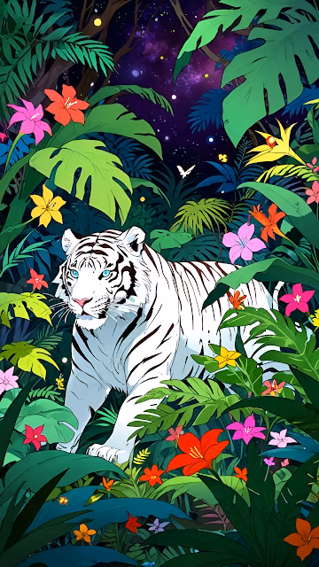 White Tiger in Enchanted Jungle Under Starry Sky - Free 4K & 8K Mobile Wallpaper