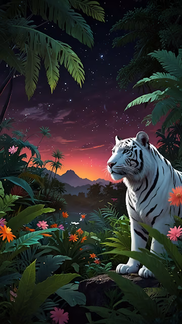 White Tiger in Tropical Jungle Under Starry Sunset Sky - Free 4K & 8K Mobile Wallpaper