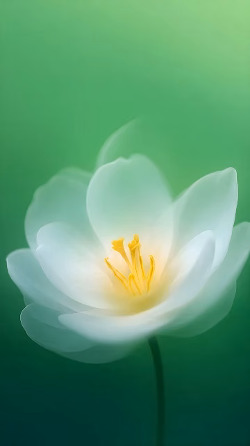 Close-up of a delicate white flower with soft glowing petals and yellow stamens on a green backdrop.