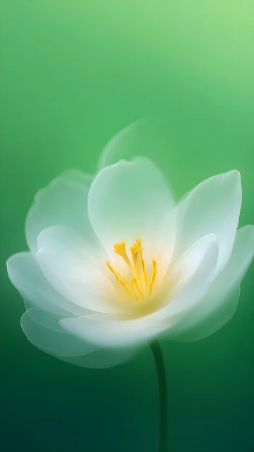 Close-up of a delicate white flower with soft glowing petals and yellow stamens on a green backdrop.