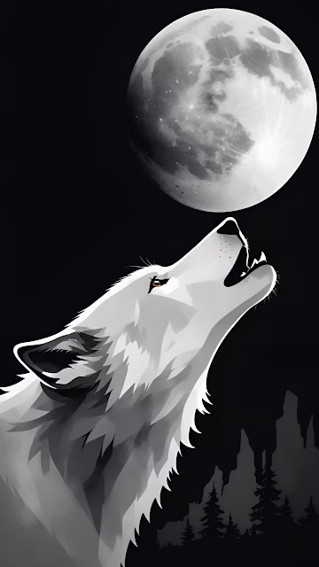 White Wolf Howling at Full Moon Minimalist Vector Art - Free 4K & 8K Mobile Wallpaper