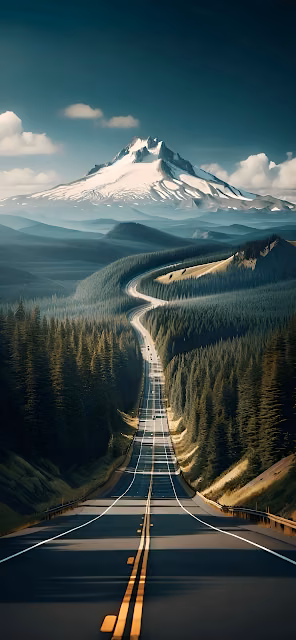 Winding Mountain Road Pine Forest Snow Capped Peak Vista - Free 4K & 8K Mobile Wallpaper