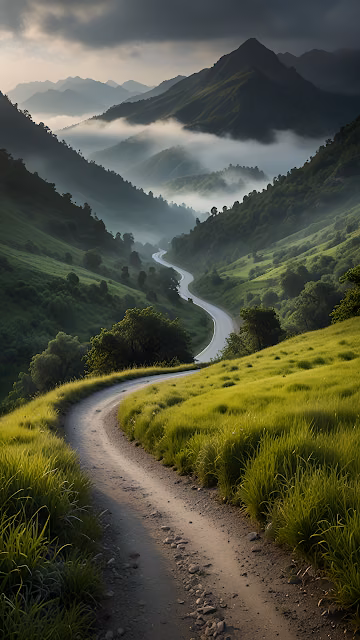 Winding Road Through Lush Green Mountain Valley Fog - Free 4K & 8K Mobile Wallpaper