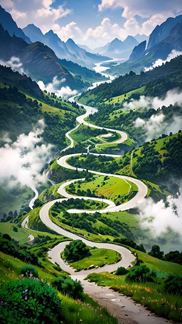 Winding Switchback Road Through Lush Green Alpine Valley Vista - Free 4K & 8K Mobile Wallpaper