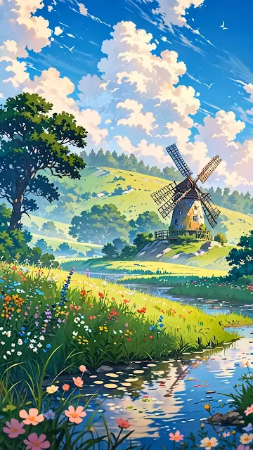 Windmill in Blooming Meadow by River at Noon - Free 4K & 8K Mobile Wallpaper