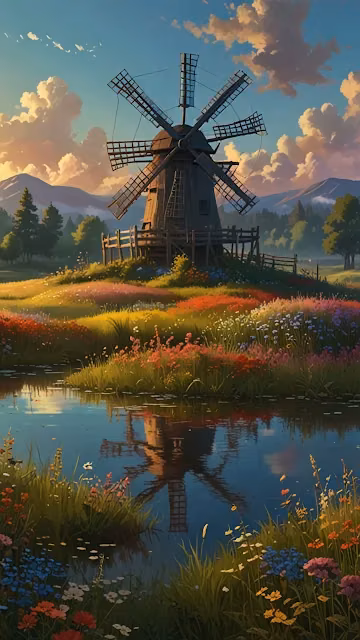 Windmill in Colorful Wildflower Meadow at Sunset - Free 4K & 8K Mobile Wallpaper