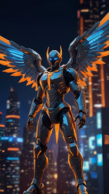 Winged Cybernetic Hero Robot City Night Vigil - Free 4K & 8K Mobile Wallpaper