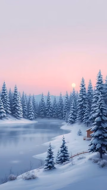 Winter Dawn over Snow Covered Pine Forest and Lake - Free 4K & 8K Mobile Wallpaper