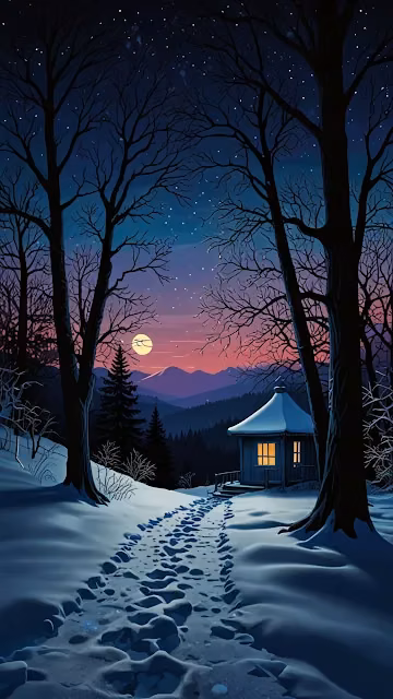 Winter Forest Path to Cozy Cabin Under Full Moon - Free 4K & 8K Mobile Wallpaper