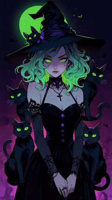Witch with Green Hair and Black Cats Under Moon - Free 4K & 8K Mobile Wallpaper