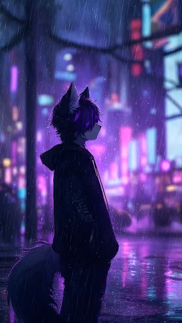 Anime boy with wolf ears and tail standing in the rain against a blurry purple and blue neon city street.