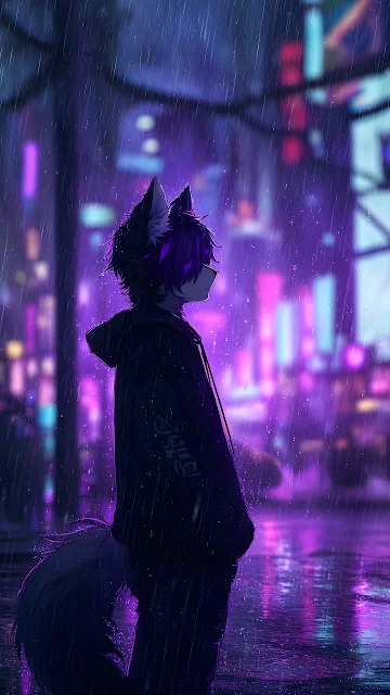 A wolf-eared anime boy in a dark hoodie stands under pouring rain on a neon-lit cyberpunk street. Anime boy with wolf ears and tail standing in the rain against a blurry purple and blue neon city street.