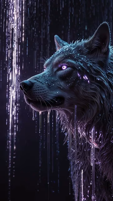 Wolf with Glowing Purple Eyes in Rainy Night - Free 4K & 8K Mobile Wallpaper