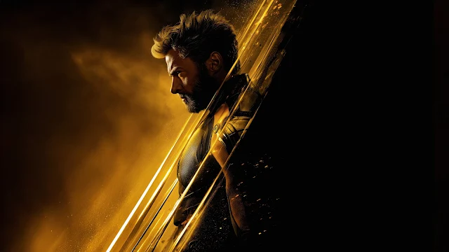 Wolverine faces profile in dark shadow behind three glowing golden claw strike trails. Side profile of Wolverine in a dark suit with glowing golden claw trails slashing diagonally across the dark frame.