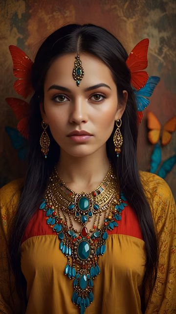 Woman Adorned with Turquoise Jewelry and Colorful Butterflies - Free 4K & 8K Mobile Wallpaper