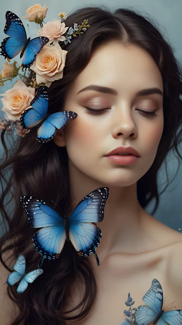 Woman with Blue Butterflies and Roses in Her Hair - Free 4K & 8K Mobile Wallpaper