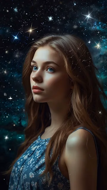 Woman with Blue Eyes Gazing at Starry Cosmic Sky - Free 4K & 8K Mobile Wallpaper