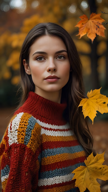 Woman in Colorful Knit Sweater Amidst Autumn Maple Leaves - Free 4K & 8K Mobile Wallpaper