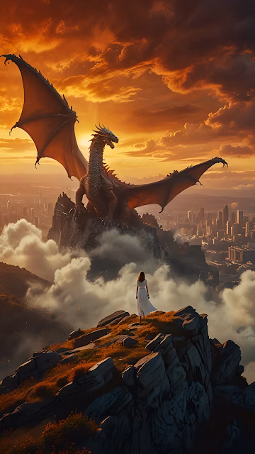 Woman and Dragon Gazing Over City at Fiery Sunset - Free 4K & 8K Mobile Wallpaper