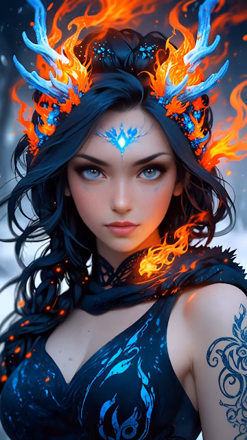 Woman with Fiery Antlers and Glowing Blue Markings - Free 4K & 8K Mobile Wallpaper
