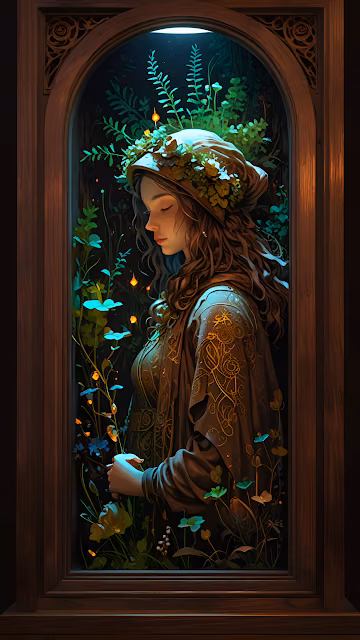 Woman in Floral Crown Gazing at Glowing Forest Through Window - Free 4K & 8K Mobile Wallpaper