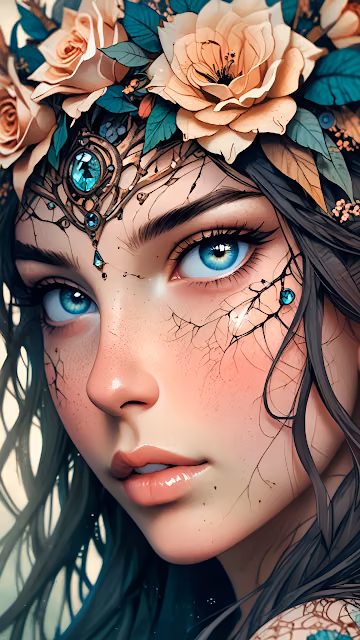 Woman with Floral Crown and Glowing Blue Eyes - Free 4K & 8K Mobile Wallpaper