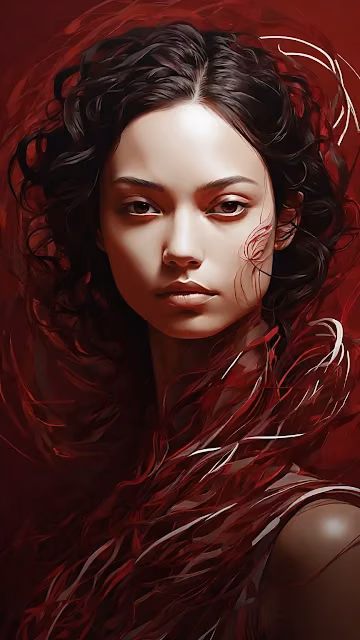 Woman with Flowing Red Hair Against Crimson Background - Free 4K & 8K Mobile Wallpaper