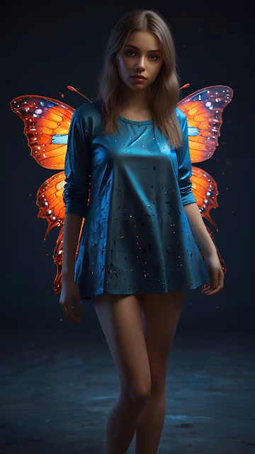 Woman with Glowing Butterfly Wings in Dark Mystical Setting - Free 4K & 8K Mobile Wallpaper