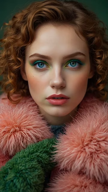 Woman with Green Eyeshadow and Pink Fur Coat - Free 4K & 8K Mobile Wallpaper