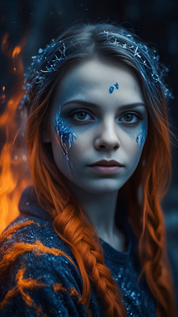 Woman with Icy Blue Markings and Fiery Red Hair - Free 4K & 8K Mobile Wallpaper