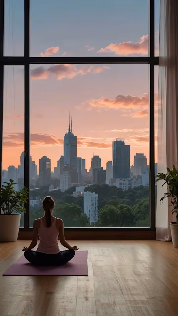 Woman Meditating in Loft Overlooking City Sunset Skyline - Free 4K & 8K Mobile Wallpaper