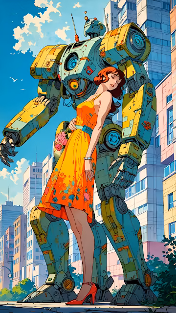 Woman in Orange Dress Leaning Against Giant Robot in City - Free 4K & 8K Mobile Wallpaper