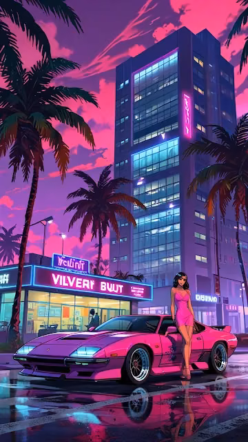 Woman in Pink Dress with Sports Car in Neon City at Dusk - Free 4K & 8K Mobile Wallpaper