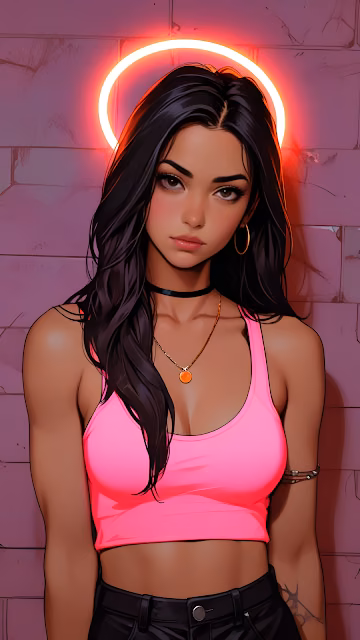 Woman in Pink Top with Neon Halo Against Brick Wall - Free 4K & 8K Mobile Wallpaper
