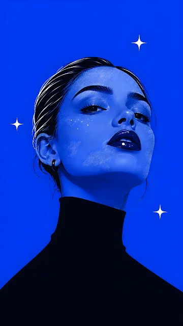 A stylized monochrome blue portrait of a woman looking upward surrounded by minimalist stars. Monochrome cobalt blue illustration of a woman in a black turtleneck looking upward with white stars.