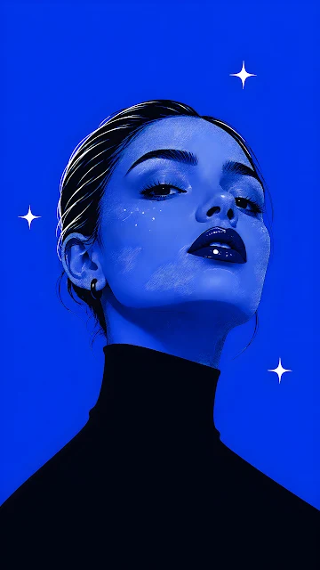 A stylized monochrome blue portrait of a woman looking upward surrounded by minimalist stars. Monochrome cobalt blue illustration of a woman in a black turtleneck looking upward with white stars.