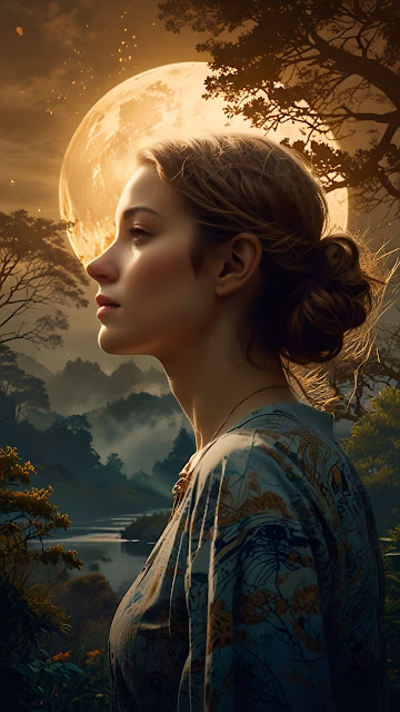 Woman in Profile Against Giant Golden Moon in Misty Forest - Free 4K & 8K Mobile Wallpaper