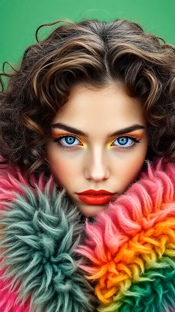 Woman with Rainbow Fur Collar and Bold Makeup - Free 4K & 8K Mobile Wallpaper