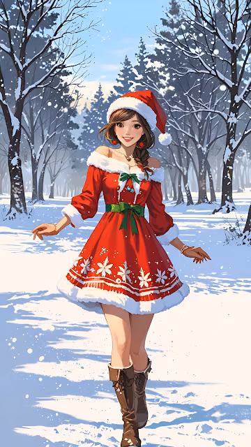 Woman in Red Christmas Dress Walking Through Snowy Forest - Free 4K & 8K Mobile Wallpaper