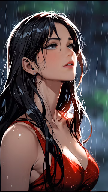 Woman in Red Dress Gazing Up in Rain with Wet Hair - Free 4K & 8K Mobile Wallpaper