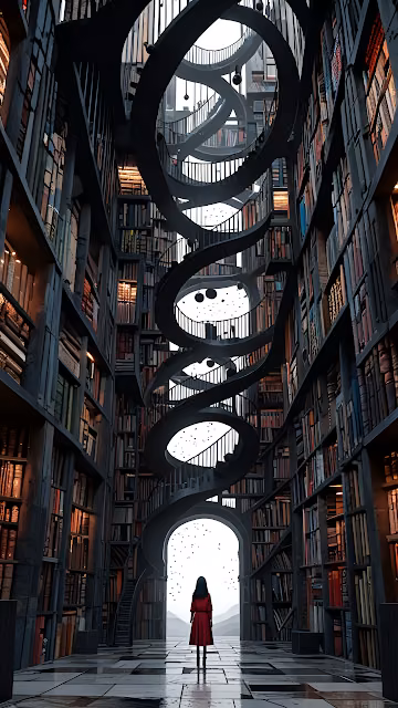 Woman in Red Dress Standing in Infinite Spiral Library - Free 4K & 8K Mobile Wallpaper
