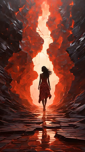 Woman Red Dress Walking Volcanic Cave Entrance - Free 4K & 8K Mobile Wallpaper