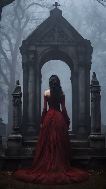 Woman in Red Gown Standing Before Gothic Arch in Misty Graveyard - Free 4K & 8K Mobile Wallpaper