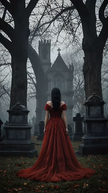 Woman in Red Gown Standing in Misty Graveyard at Dusk - Free 4K & 8K Mobile Wallpaper