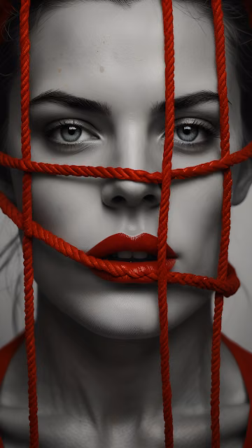 Woman with Red Rope Binding Face in Monochrome - Free 4K & 8K Mobile Wallpaper