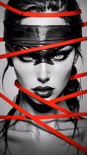 Woman with Red Tape Across Face in Monochrome - Free 4K & 8K Mobile Wallpaper