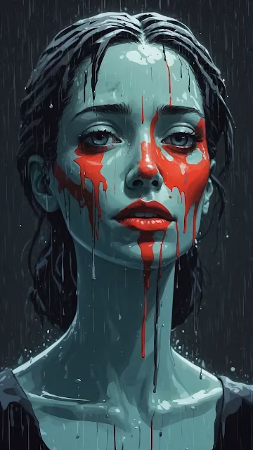 Woman with Red Tears in Rainy Darkness - Free 4K & 8K Mobile Wallpaper