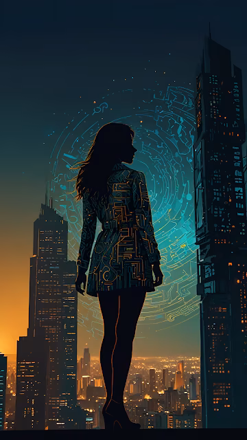 Woman Silhouette Overlooking Neon City with Circuit Aura - Free 4K & 8K Mobile Wallpaper