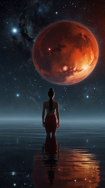 Woman stands in water beneath giant red planet in starry sky - Free 4K & 8K Mobile Wallpaper